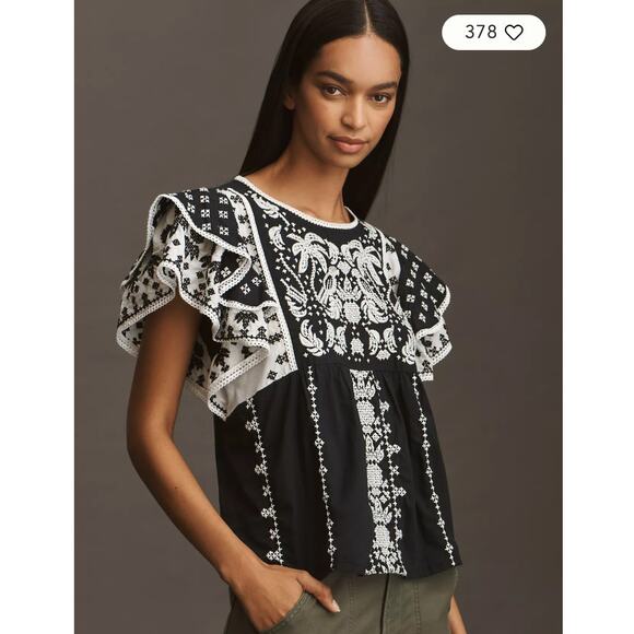 NEW Farm Rio x Anthropologie Printed Flutter-Sleeve Top - Picture 1 of 7